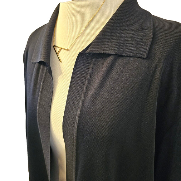 Vintage Exclusively Misook Black Cardigan Open‎ Front Sweater Thin Tight Knit LG - Picture 2 of 7